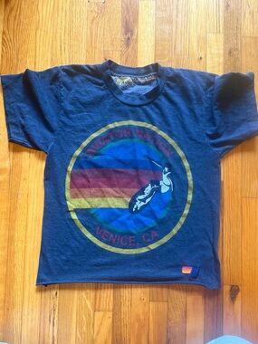 Aviator Nation Navy Short Sleeve Venice CA Graphic Tee with Rainbow Stripe